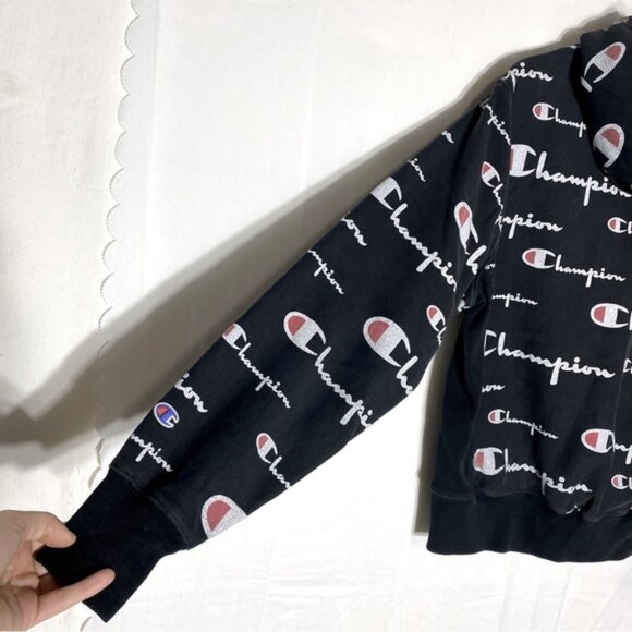 Vintage Champion Reverse Weave Black All Over Logo Print Hoodie M - Picture 13 of 16
